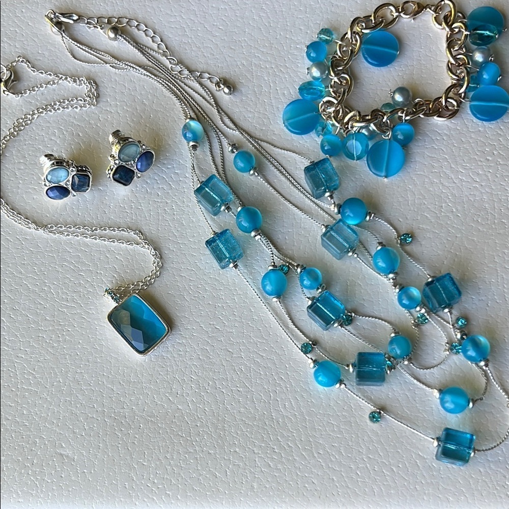 Blue and Silver Jewelry Set- 2 necklaces, bracelet, earrings